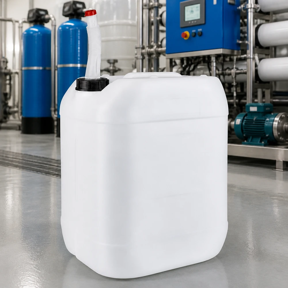 Tanica da 20 litri con tubo di scarico flessibile Tanica di plastica trasparente da 20 litri con tubo di scarico flessibile davanti a un impianto industriale di trattamento delle acque