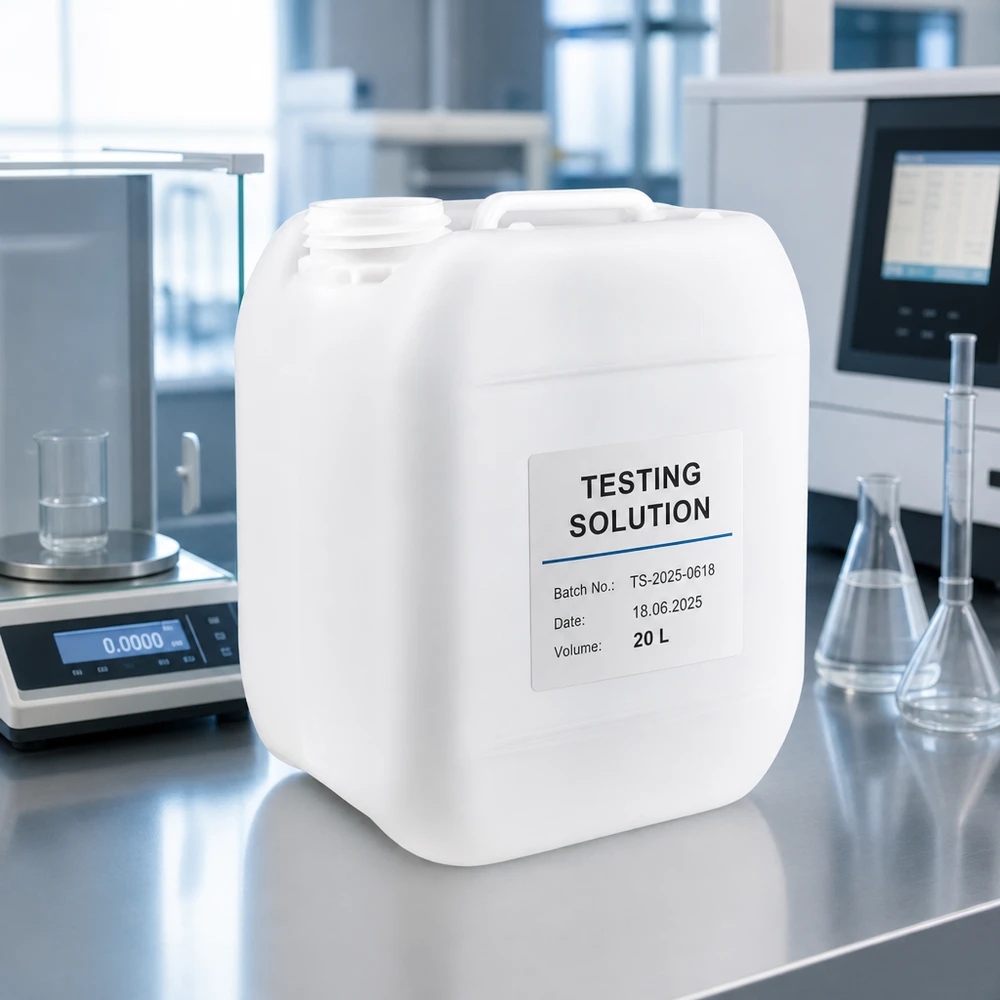 Tanica da 5 litri senza tappo Tanica da 5 litri senza tappo con etichetta “Testing Solution” su un tavolo da laboratorio in acciaio inossidabile