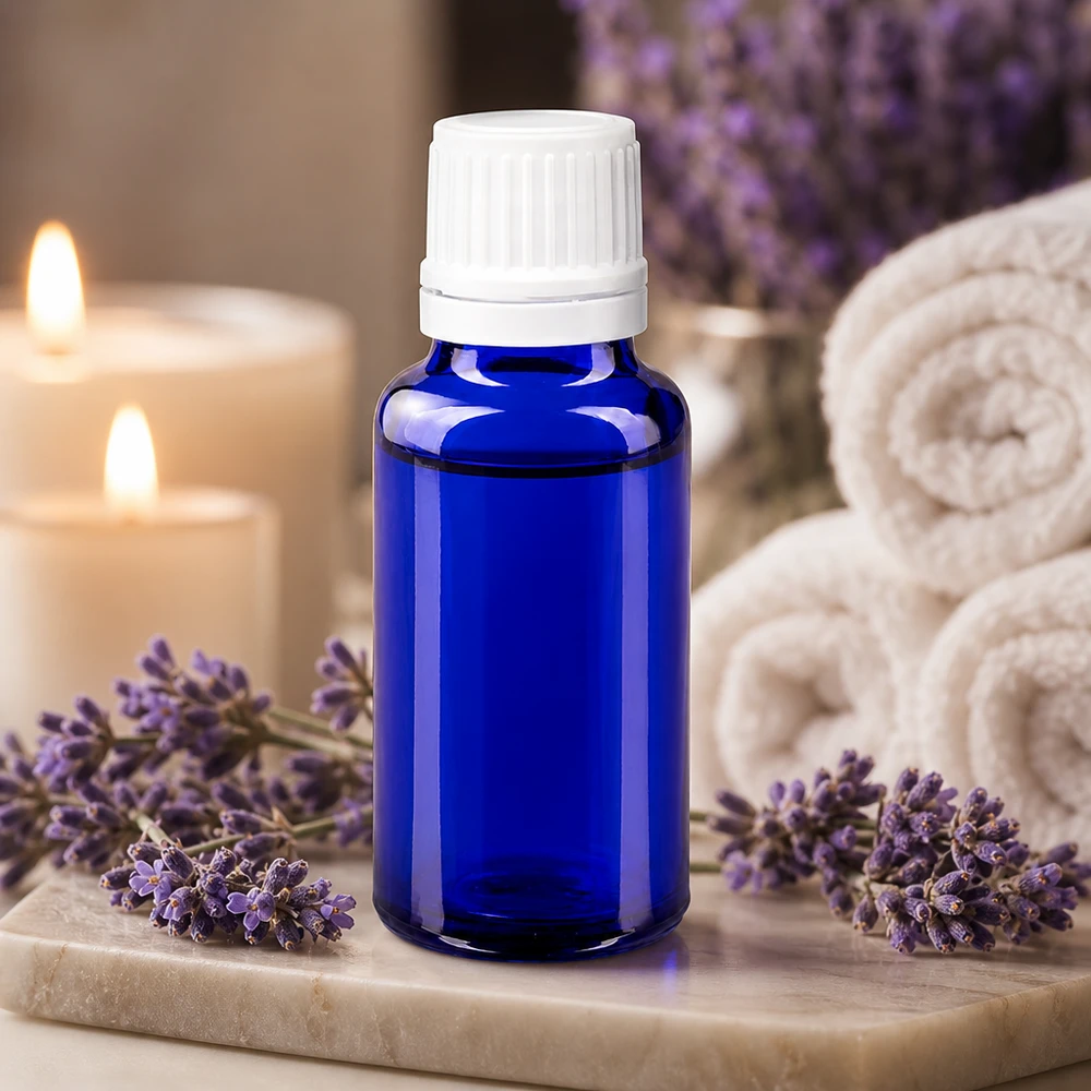 Flacone contagocce blu da 20ml OV bianco/0,7mm ApoGlas Set per aromaterapia alla lavanda con flacone contagocce ApoGlas blu da 20 ml, tappo OV bianco e inserto da 0,7 mm