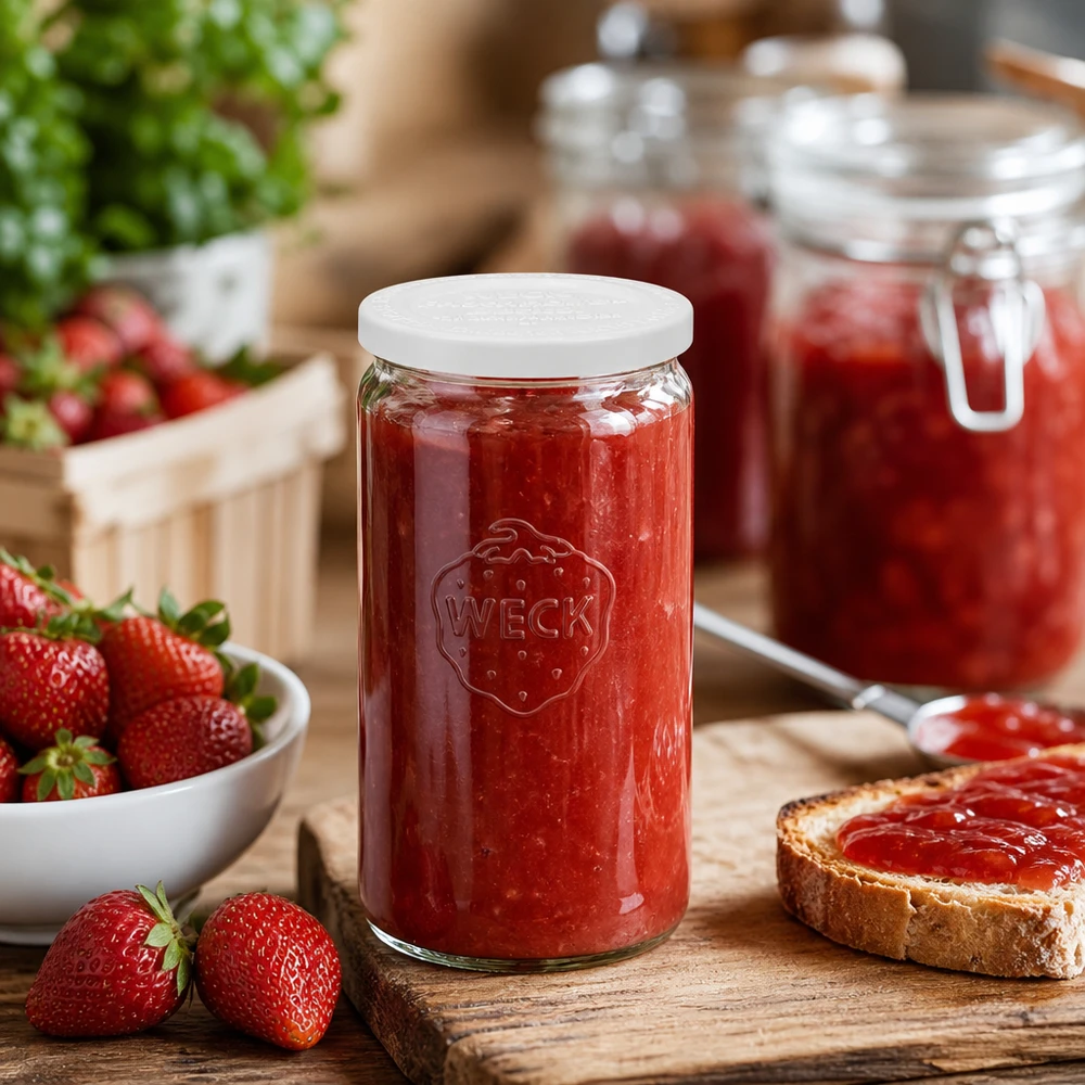 Vaso cilindrico WECK da 340 ml riempito di marmellata di fragole in una cucina rustica con fragole fresche e pane