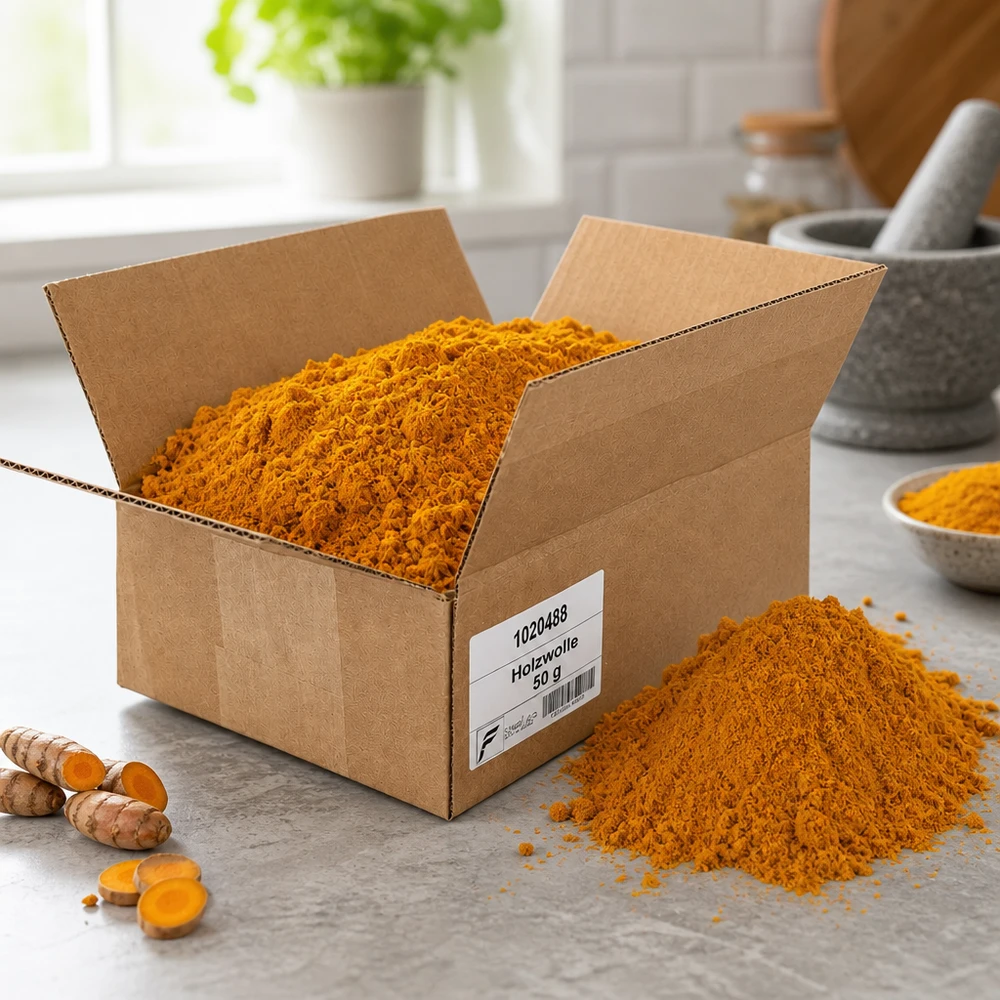Lana di legno 50g materiale da imballaggio naturale fine in ambiente cucina con spezie e curcuma come decorazione