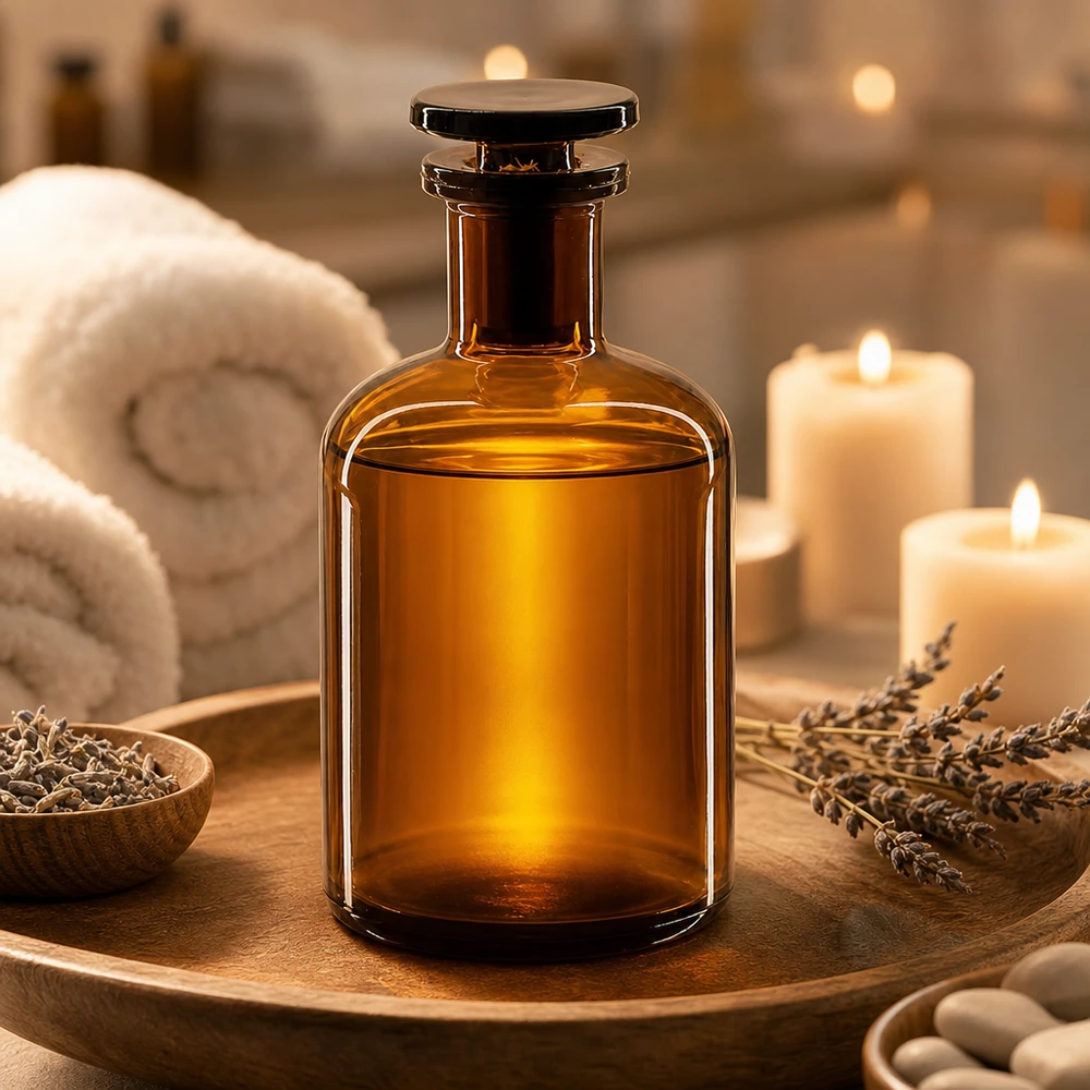 Flacone per aromaterapia da 100 ml, marrone, con spalle arrotondate e tappo in vetro, con lavanda e candele