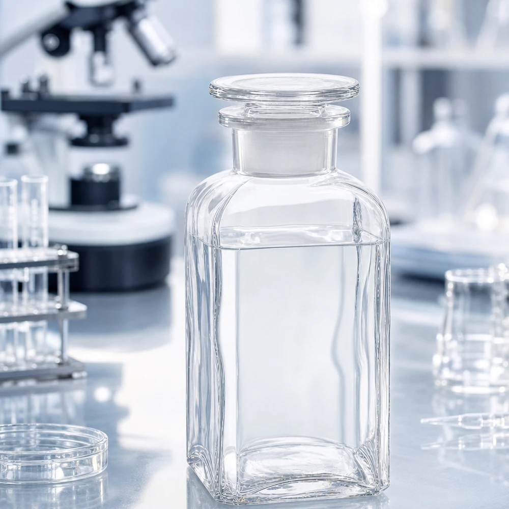 Fiaschetta da laboratorio da 350 ml, a sezione quadrata e collo largo, con tappo in vetro, per reagenti chimici e soluzioni