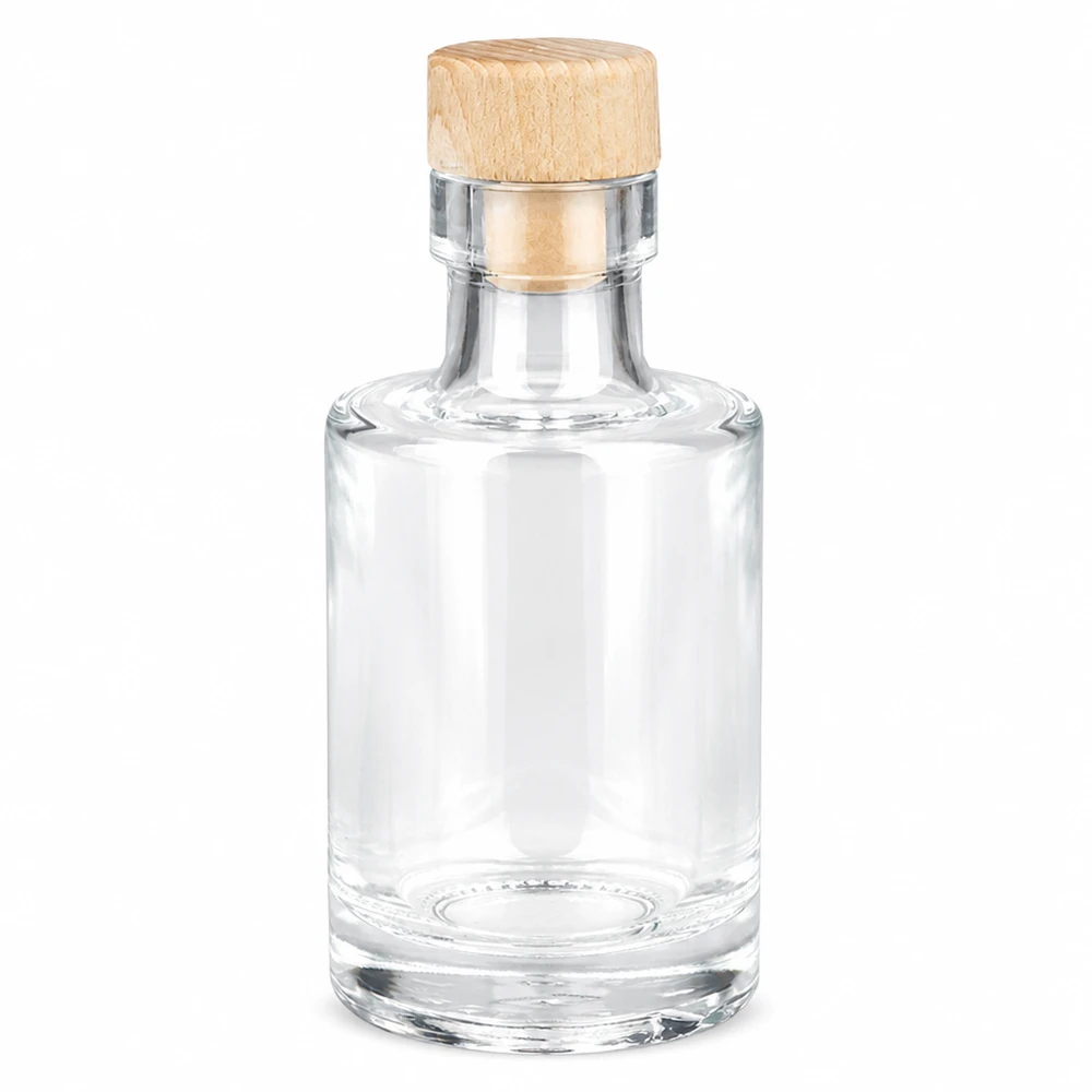 Bottiglia in vetro da 100 ml Marie con tappo in sughero con impugnatura in legno UNiTWIST® Bottiglia di vetro da 100 ml Marie con manico in legno e tappo in sughero UNiTWIST vuota trasparente Forma rotonda Foto del prodotto su sfondo bianco