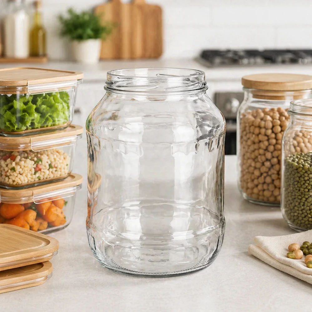 UNiTWIST Runda2650 - Bicchieri capacità 2650ml TO100 Bicchieri rotondi 2650ml UNiTWIST Runda2650 in una cucina moderna tra i contenitori di stoccaggio con legumi