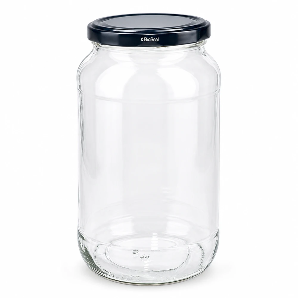 UNiTWIST Runda1062 con coperchio nero. Coperchio. TO82 BioSeal Barattolo rotondo vuoto UNiTWIST 1062 con coperchio nero TO82 BioSeal per conserve alimentari Barattolo di stoccaggio