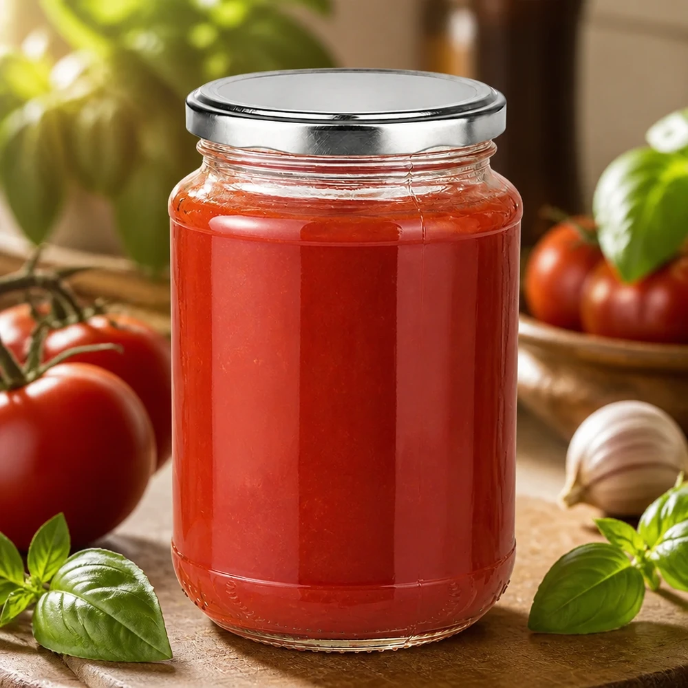 Vaso rotondo in vetro trasparente da 320 ml con coperchio a vite BasicSeal argento a chiusura sicura, ideale per salse fatte in casa