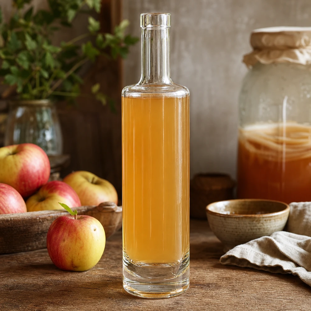 Bottiglia in vetro da 500 ml Lina senza tappo UNiTWIST® Bottiglia in vetro da 500 ml di Lina riempita di succo di mela dorato in una scena di cucina rustica con mele fresche e miele