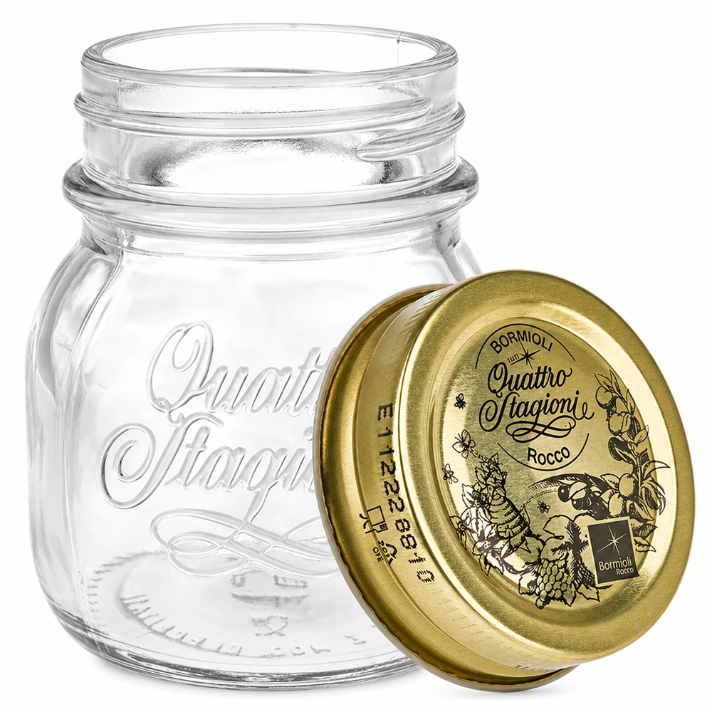 Barattolo rotondo da 150 ml "Quattro Stagioni" con coperchio Vaso rotondo Quattro Stagioni da 150 ml con coperchio dorato Vaso per conserve Bormioli Rocco Italiano