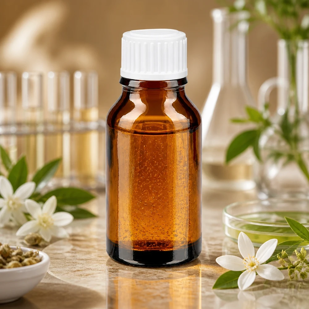 Bottiglia di vetro color ambra da 15 ml con tappo a vite bianco, tra fiori di gelsomino e strumenti da laboratorio