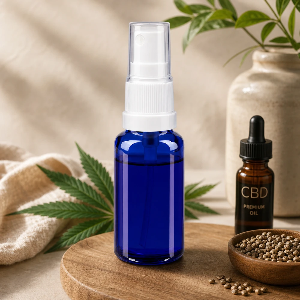 Flacone spray blu da 20ml STD bianco/trasp. apoGlas Flacone spray in vetro blu da 20 ml, modello STD, con nebulizzatore bianco, accanto a olio di CBD e foglia di canapa