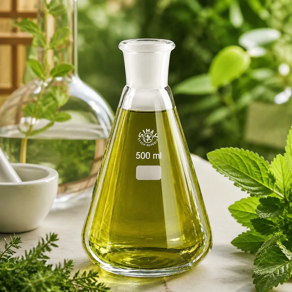 Beuta da 500 ml con giunto standard smerigliato (29/32) Fiaschetta in vetro da 500 ml con contenuto verde oliva e giunto professionale molato 29/32