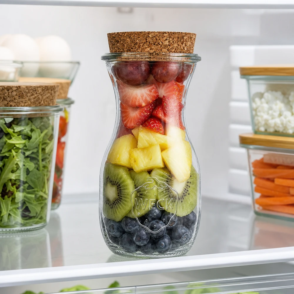 Bottiglia di succo WECK da 290 ml RR60 con mix di frutta mirtilli kiwi ananas fragole in frigo Preparazione del pasto