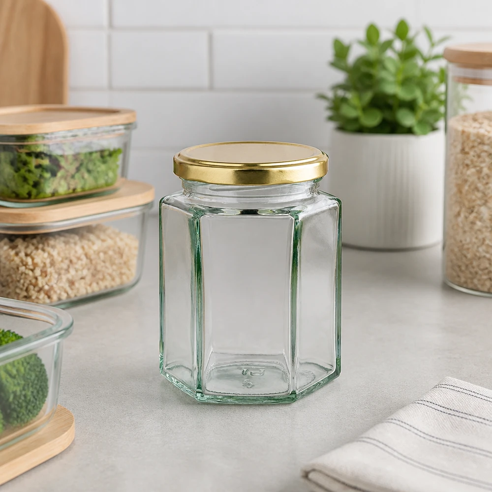 191 ml Hexaglas + coperchio BasicSeal dorato UNiTWIST® Hexaglas UNiTWIST da 191 ml con coperchio BasicSeal dorato sul bancone della cucina, tra erbe aromatiche fresche e contenitori per alimenti