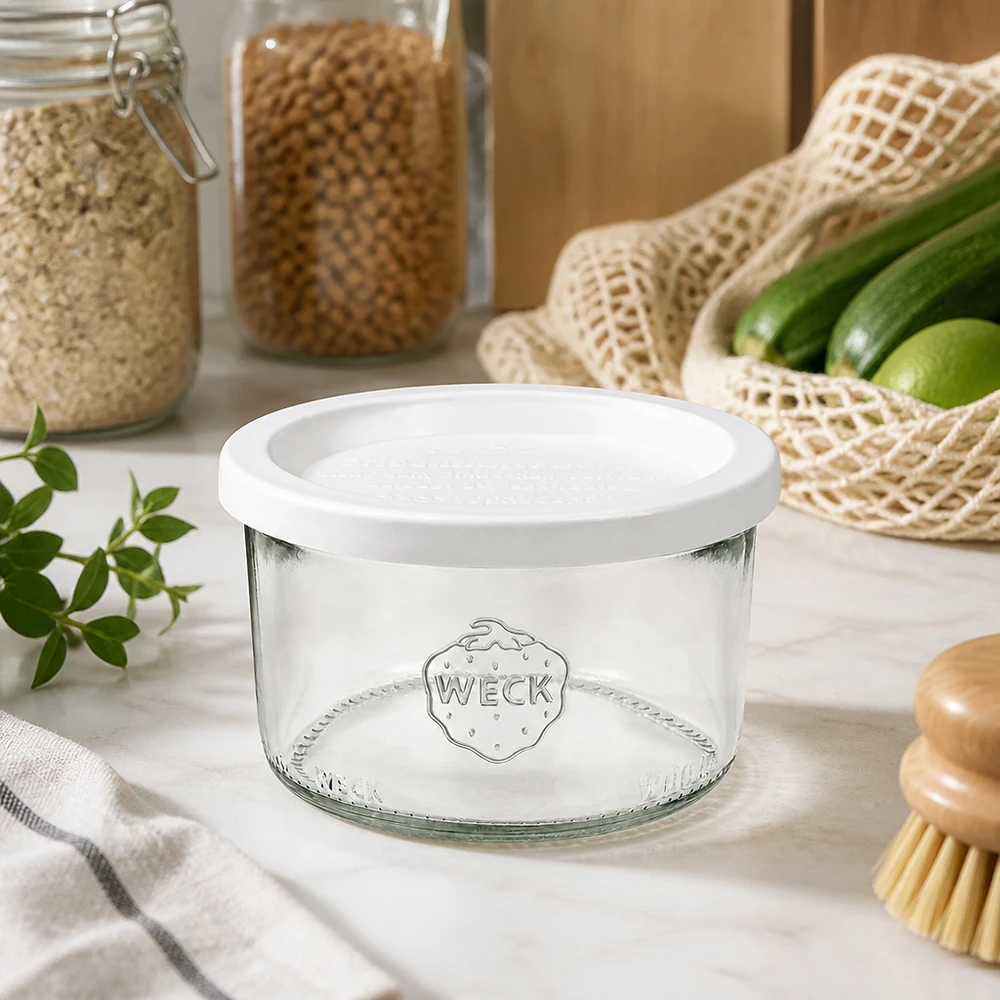WECK 200ml RR80 mason jar con coperchio bianco freschezza in cucina sostenibile con verdure biologiche e utensili di stoccaggio
