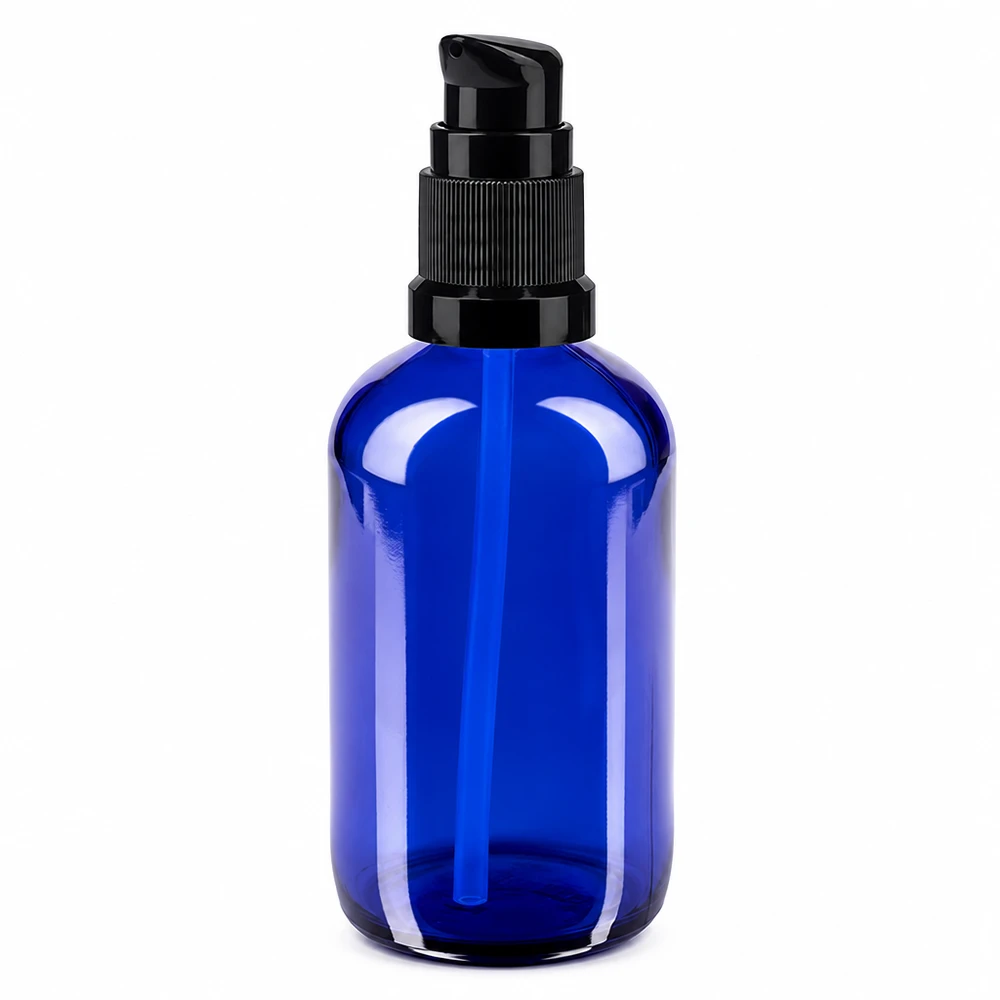 Flacone in vetro da 100 ml, blu, con dosatore nero, in vetro da farmacia, per sieri e oli