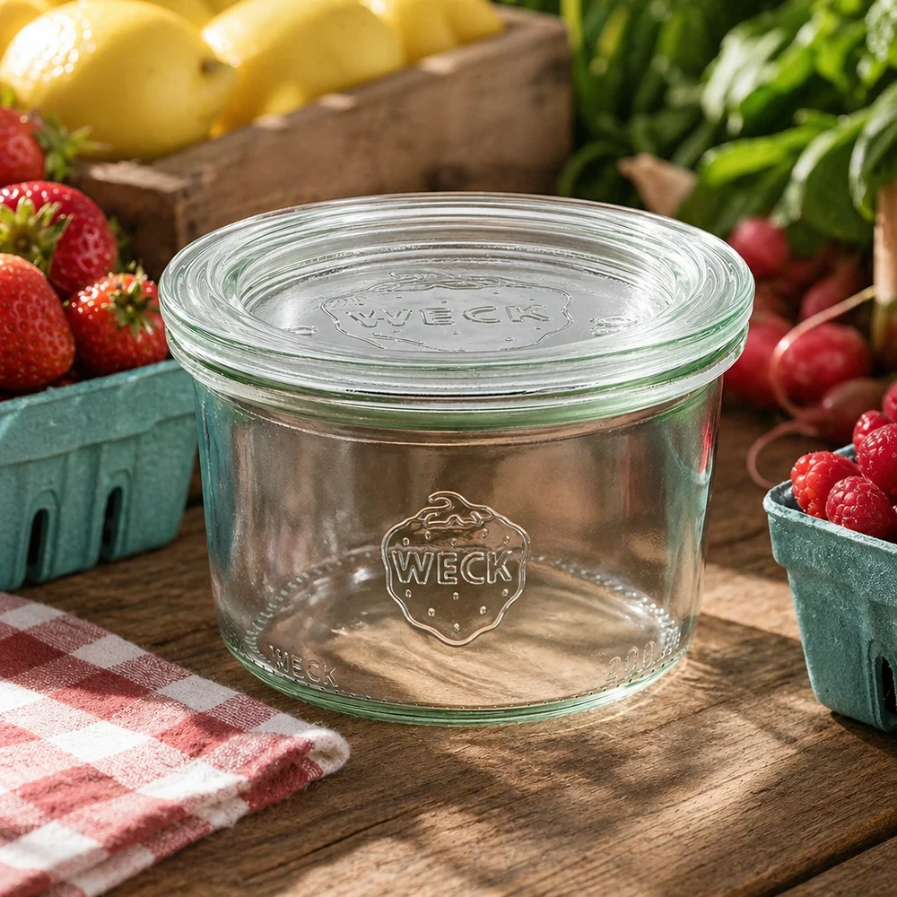 Vaso per conserve WECK da 200 ml RR80 in un ambiente di cucina naturale decorato con frutta e verdura fresca