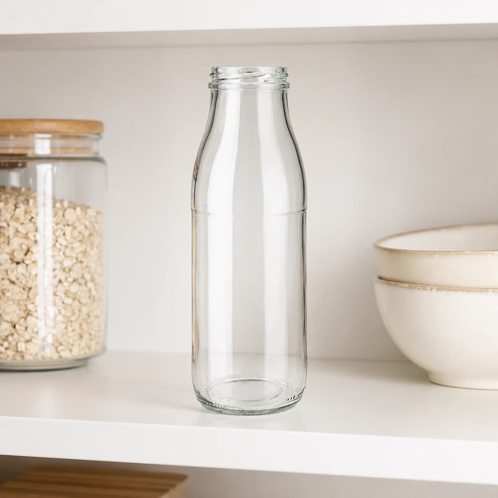 Bottiglia di vetro da 500 ml senza coperchio (TO48) UNiTWIST Bottiglia di vetro da 500 ml TO48 UNiTWIST senza coperchio sul ripiano bianco della cucina accanto alla ciotola per cereali e al barattolo per la conservazione dei prodotti.