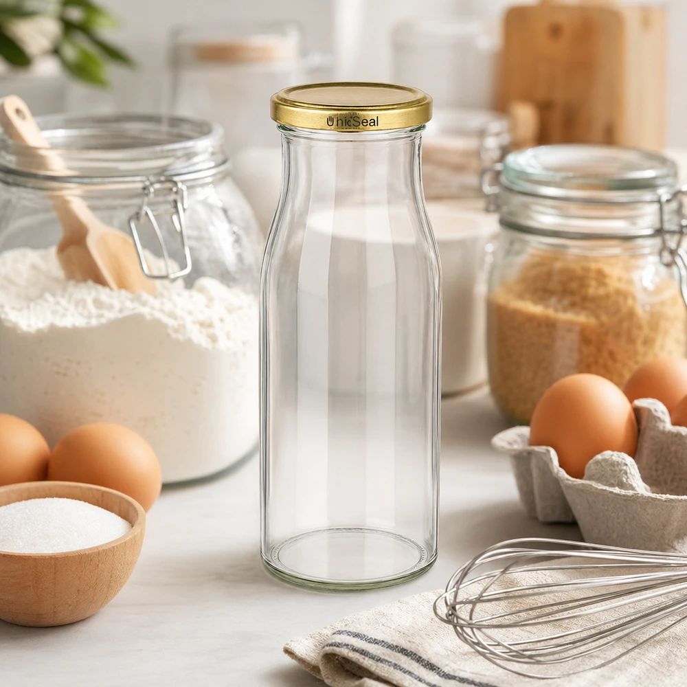 UNiTWIST Bottle150 con coperchio dorato. Coperchio TO43 BioSeal UNiTWIST bottiglia di vetro da 150 ml vuota sul piano di lavoro della cucina con ingredienti da forno uova farina frusta coperchio dorato