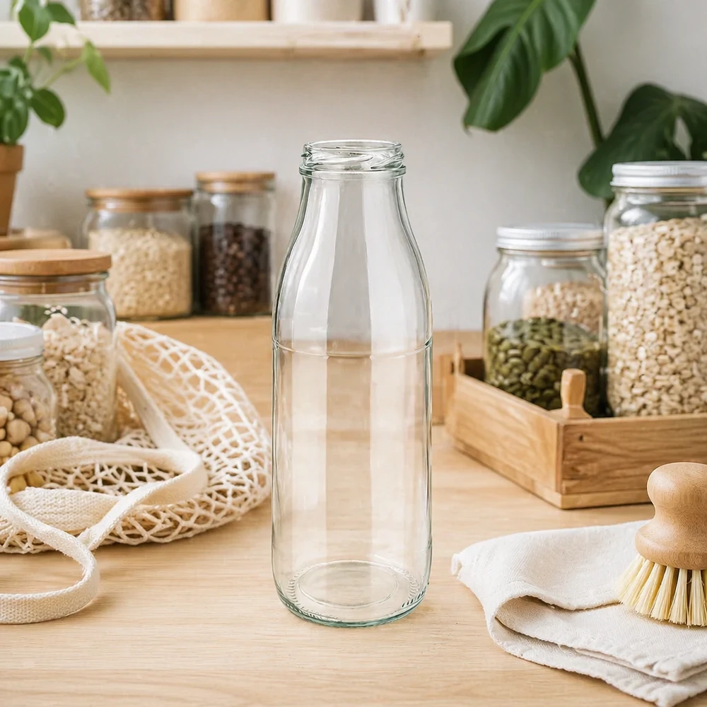 Bottiglia di vetro da 500 ml senza coperchio (TO48) UNiTWIST Bottiglia in vetro da 500 ml TO48 UNiTWIST vuota in cucina sostenibile a spreco zero con barattoli di stoccaggio e fibre naturali