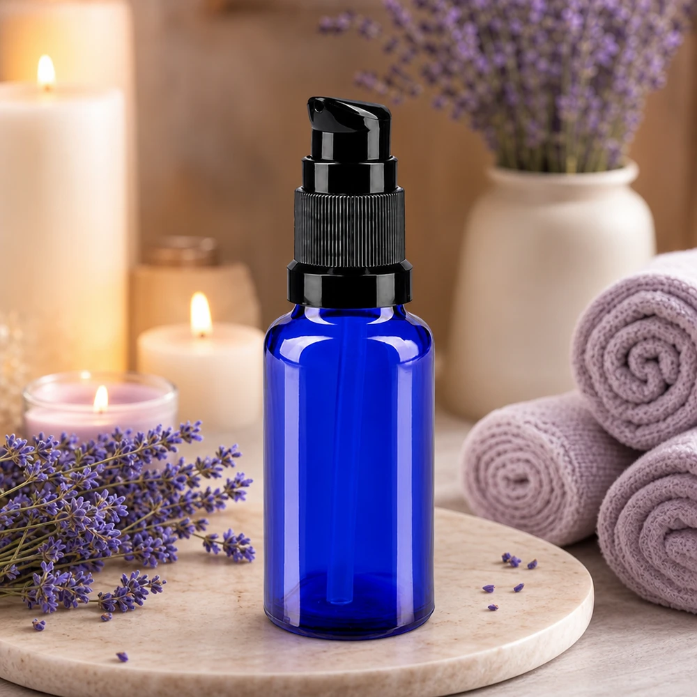 Bottiglia a pompa blu 20ml STD nero ApoGlas Piccolo flacone blu con pompa da 20 ml in vetro da farmacia con dosatore nero per cosmetici