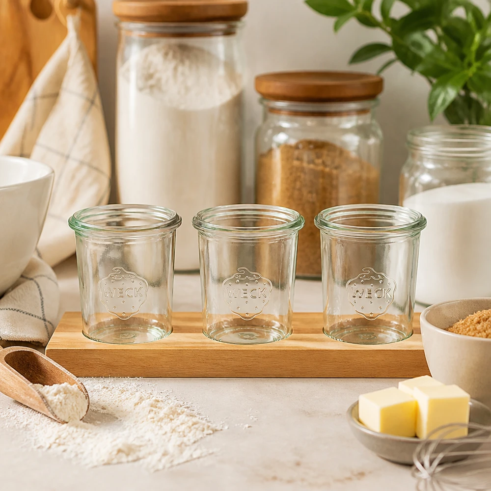 Bicchieri Weck da 160 ml vuoti su tagliere in bambù Plano3 in cucina con ingredienti da forno farina e burro