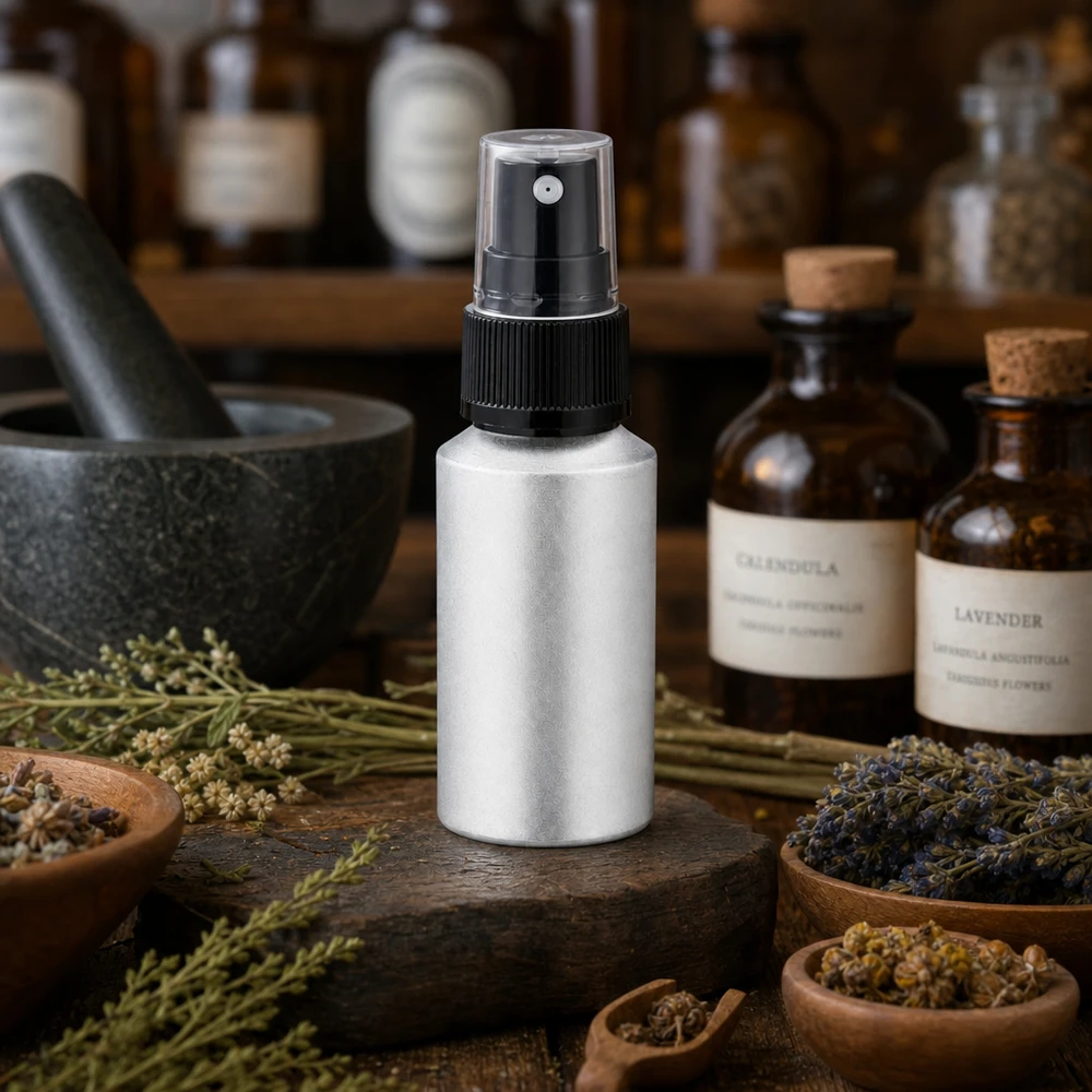 Flacone in alluminio decapato da 30 ml con nebulizzatore Flacone leggero in alluminio da 30 ml con nebulizzatore, ideale per le miscele di oli essenziali