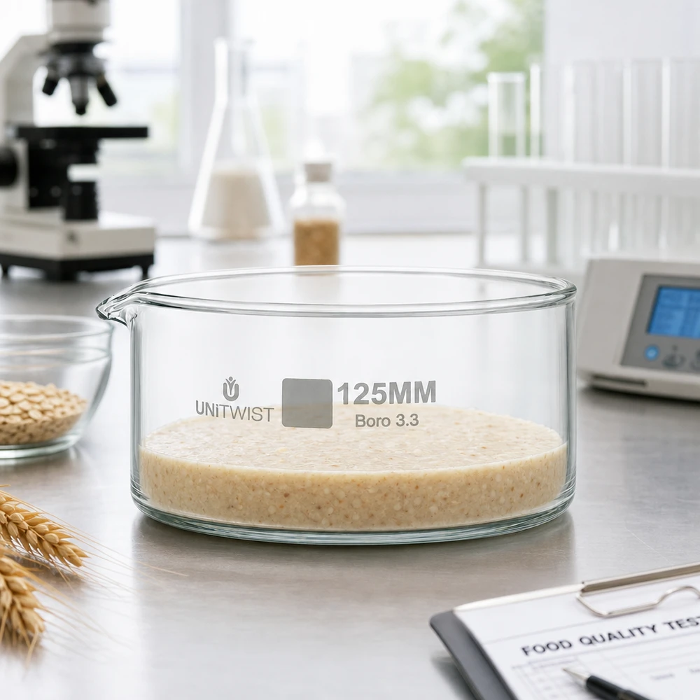 Piatto per cristallizzazione ø125mm in vetro borosilicato UNiTWIST Ciotola di cristallizzazione da 125 mm UNiTWIST Boro 3.3 riempita con porridge durante un test di qualità alimentare in laboratorio