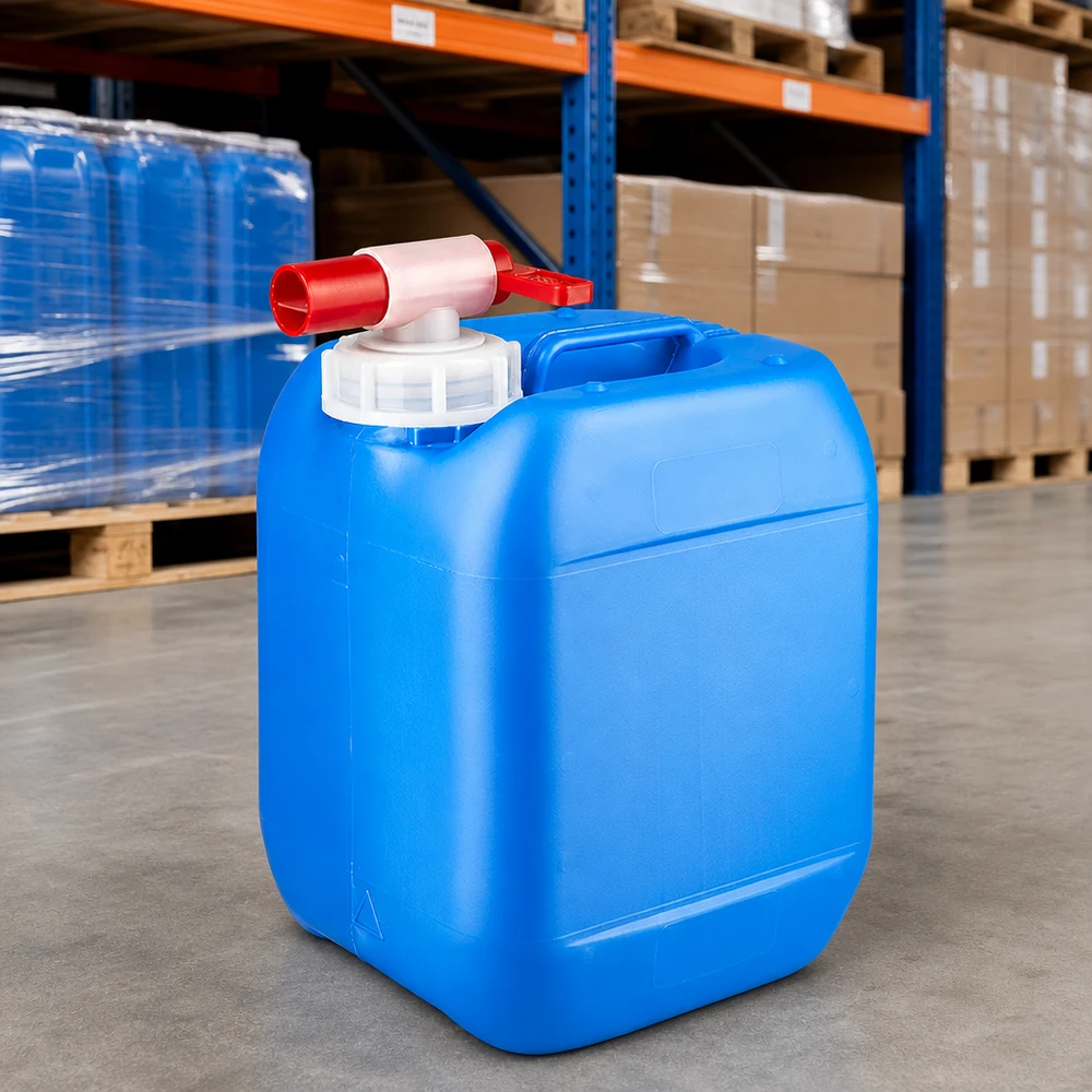 Tanica 5 litri blu con rubinetto di scarico Robusto contenitore in HDPE da 5 litri, di colore blu, con un pratico rubinetto di erogazione rosso, disponibile a magazzino