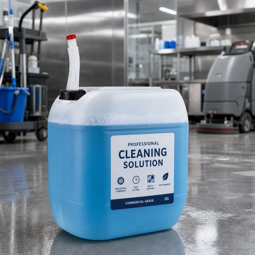 Tanica blu da 30 litri per detergenti con tubo di scarico flessibile su pavimento industriale