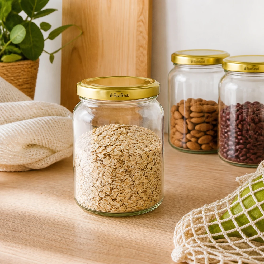 UNiTWIST Runda408 con coperchio dorato. Coperchio TO82 BioSeal Barattoli UNiTWIST Runda408 con coperchi dorati BioSeal riempiti di avena e frutta secca in una cucina sostenibile