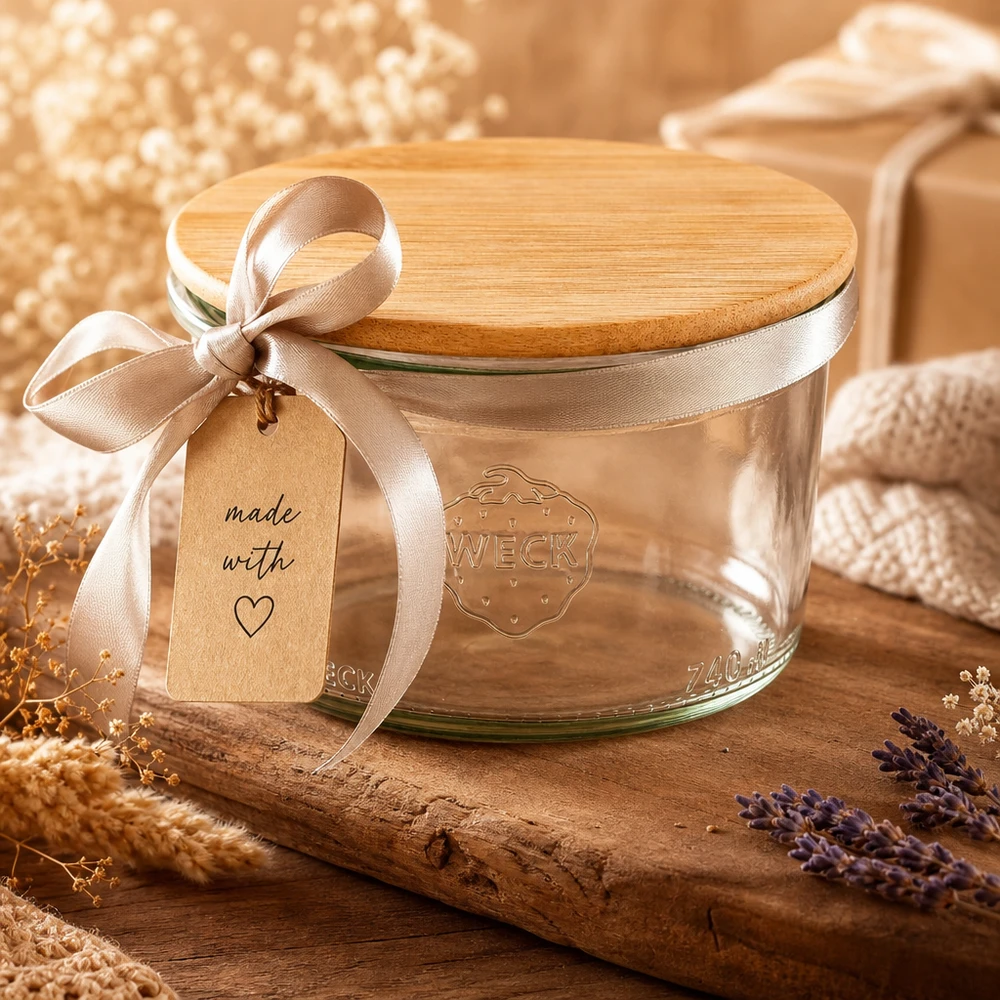 Bicchieri da 200 ml WECK RR80 con coperchio in legno WECK Sturzglas 200ml RR80 mit Bambus-Holzdeckel als Geschenkidee mit Schleife und Anhänger in warmer Dekoszene