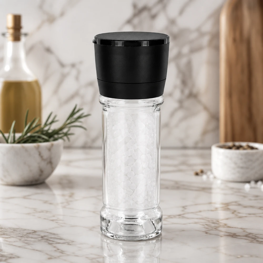 Barattolo per sale e spezie da 100 ml con macinino Vario nero Bicchiere da sale da 100 ml con macinino nero Vario su base in marmo bianco, riempito con sale marino grosso