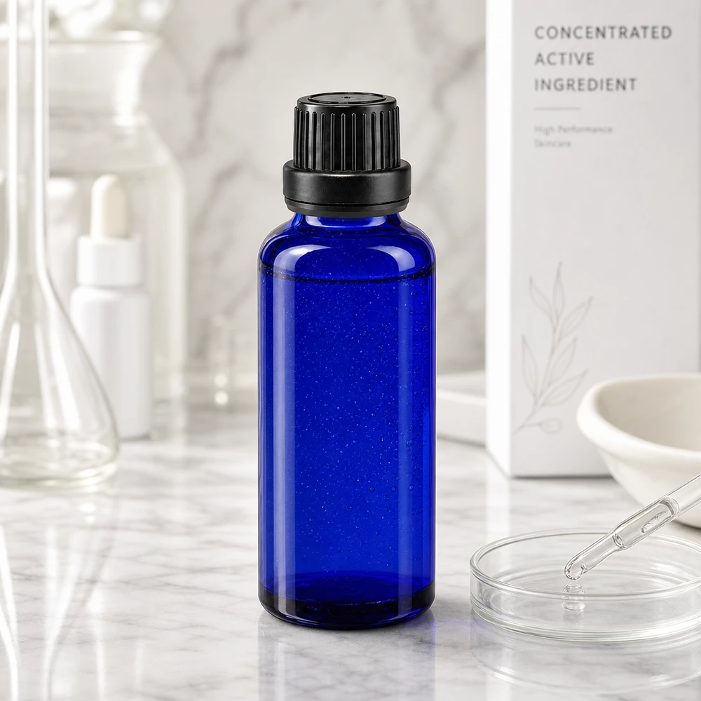 Flacone contagocce blu da 30ml OV nero/2mm ApoGlas Flacone da farmacia blu da 30 ml con dosatore a goccia da 2 mm per concentrati e principi attivi per la cura della pelle
