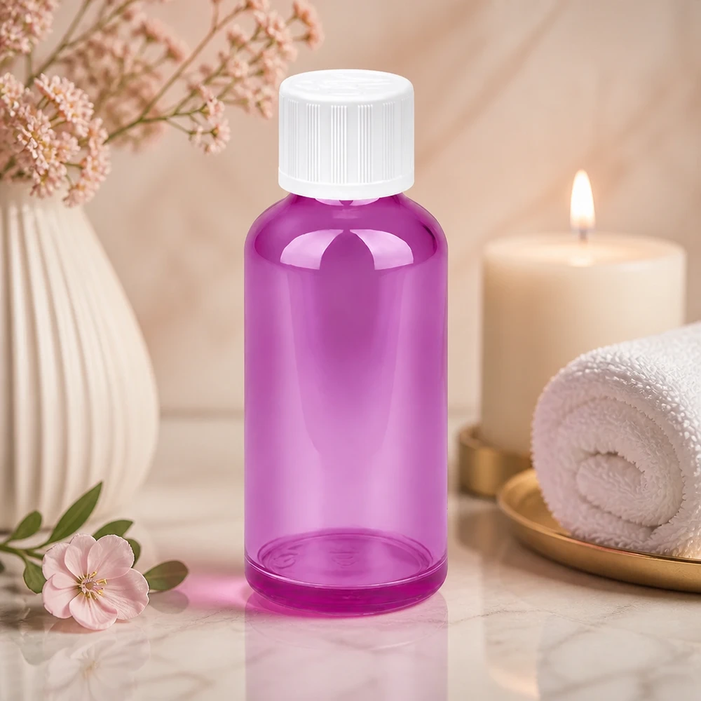 Flacone da 50ml tappo a vite 11mm bianco standard a prova di bambino PurpleLine UT18/50 Moderno flacone viola da 50 ml dal design minimalista per una presentazione professionale del prodotto