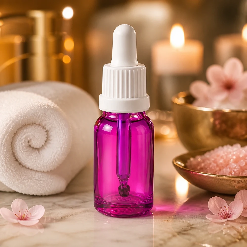 Flacone per pipette da 10 ml bianco Originality con tappo a vite PurpleLine UT18/10 Elegante bottiglia per pipette viola da 10 ml con coperchio bianco OV PurpleLine UT18/10