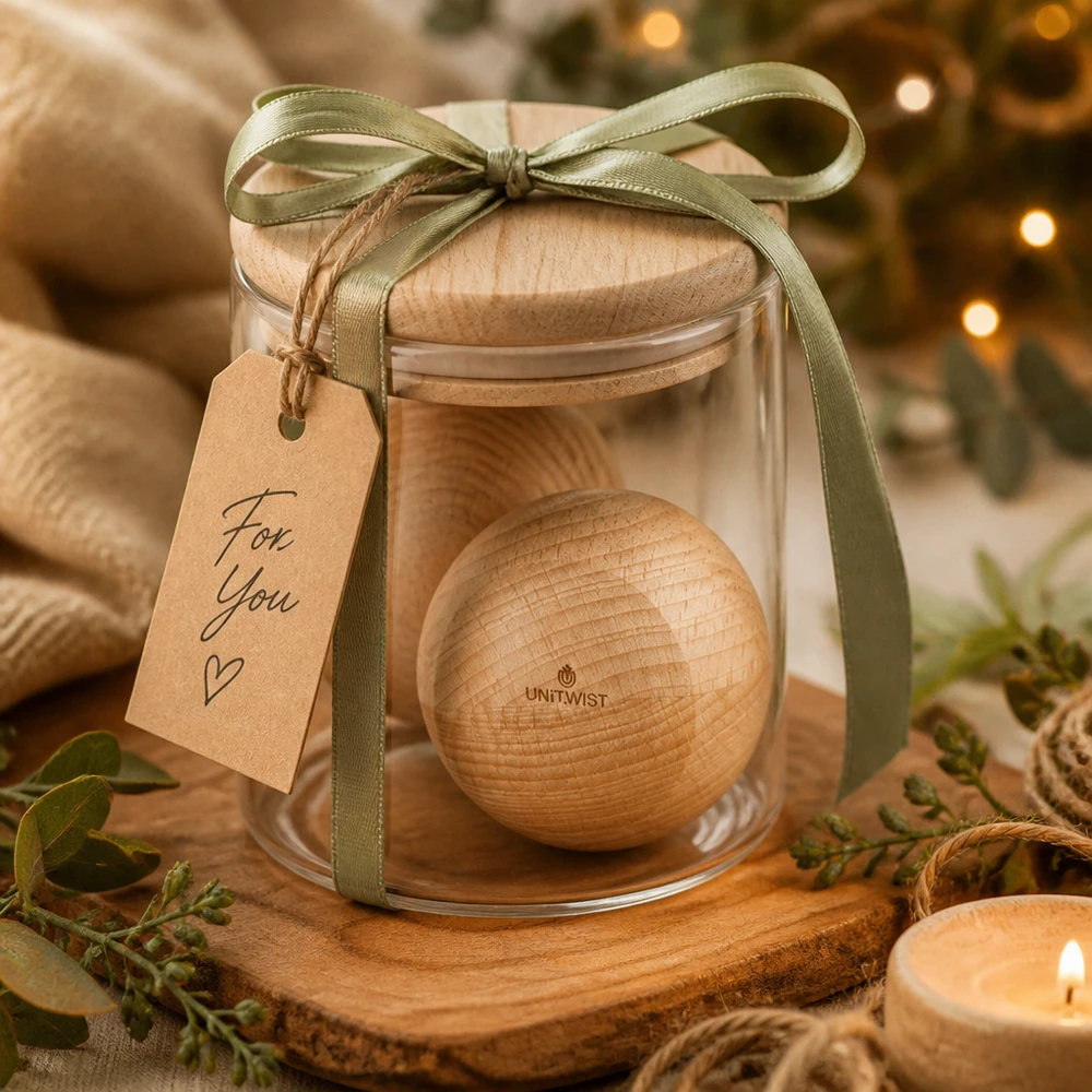 UNiTWIST palla di legno di faggio WECK RR80 in regalo in un barattolo decorato con un fiocco verde e un'etichetta "For You".