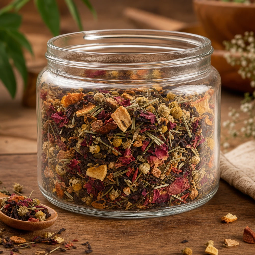 Barattolo di vetro trasparente da 250 ml riempito con una colorata miscela di tisane, fiori secchi ed erbe.