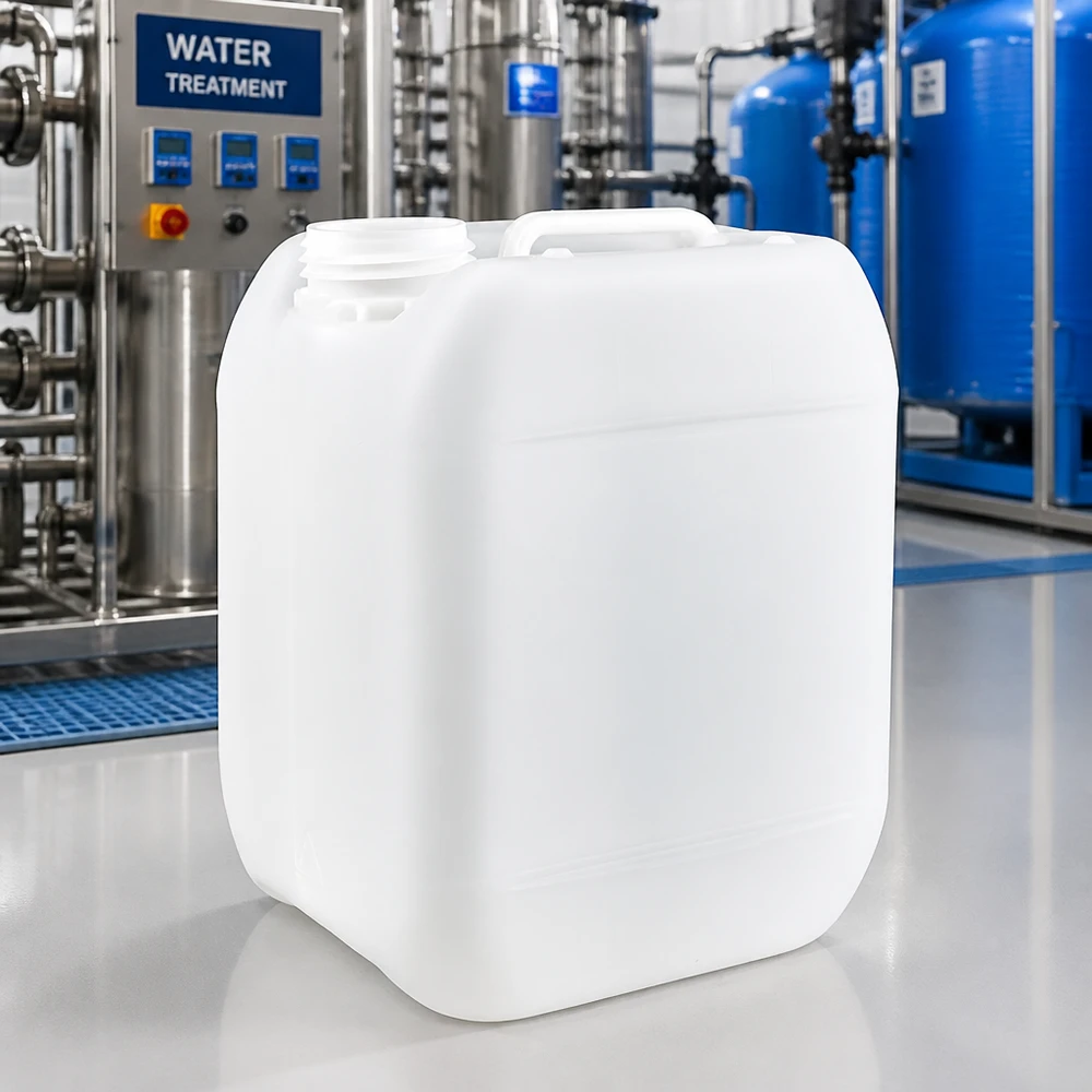 Tanica da 5 litri senza tappo Tanica da 5 litri senza tappo davanti all'impianto di trattamento dell'acqua blu