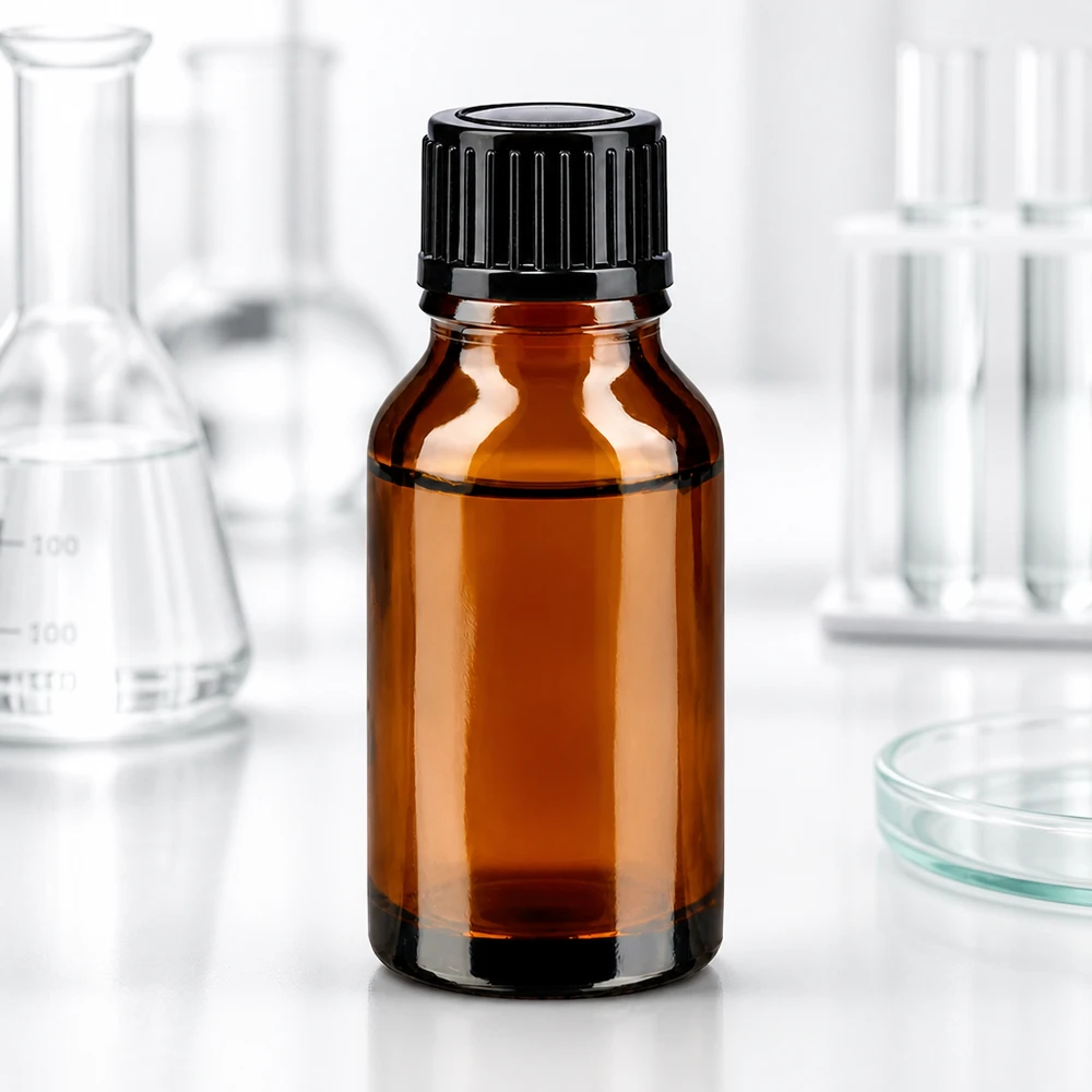 Fiala da farmacia da 15 ml in vetro ambrato con tappo a vite nero in laboratorio, tra i matracci di Erlenmeyer