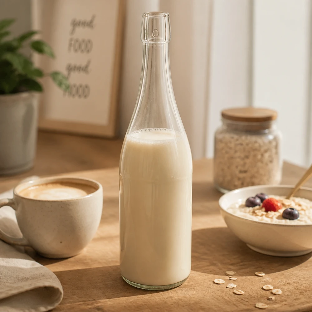Bottiglia in vetro da 750 ml senza tappo UNiTWIST Bottiglia di vetro UNiTWIST da 750 ml riempita di latte d'avena accanto a una tazza di caffè e a una ciotola per cereali.