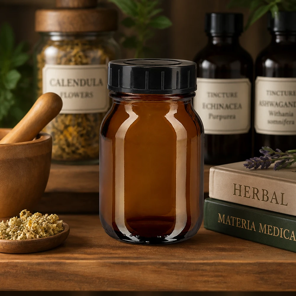 Bottiglia a collo largo da 75ml in vetro ambrato con tappo a vite Flacone in vetro ambrato di alta qualità da 75 ml con tappo a vite, per la conservazione professionale delle tinture.