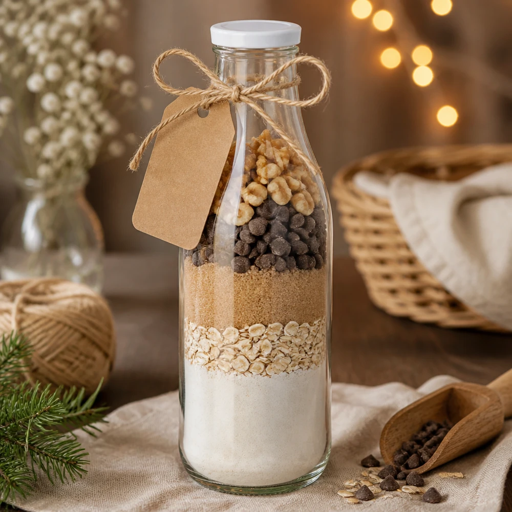 Bottiglia di vetro da 1000 ml + coperchio BasicSeal bianco UN.. Bottiglia di vetro da 1000 ml con coperchio BasicSeal bianco come regalo per il preparato da forno Ingredienti per biscotti Farina Fiocchi d'avena Noci Cioccolato