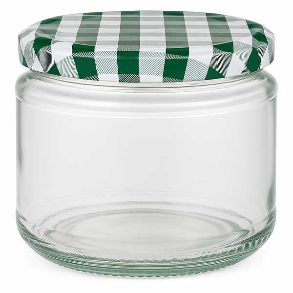 Barattolo rotondo da 330 ml + coperchio BasicSeal verde/bianco UN.. Barattolo rotondo da 330 ml con coperchio BasicSeal a scacchi verdi e bianchi, barattolo vuoto per alimenti e conserve