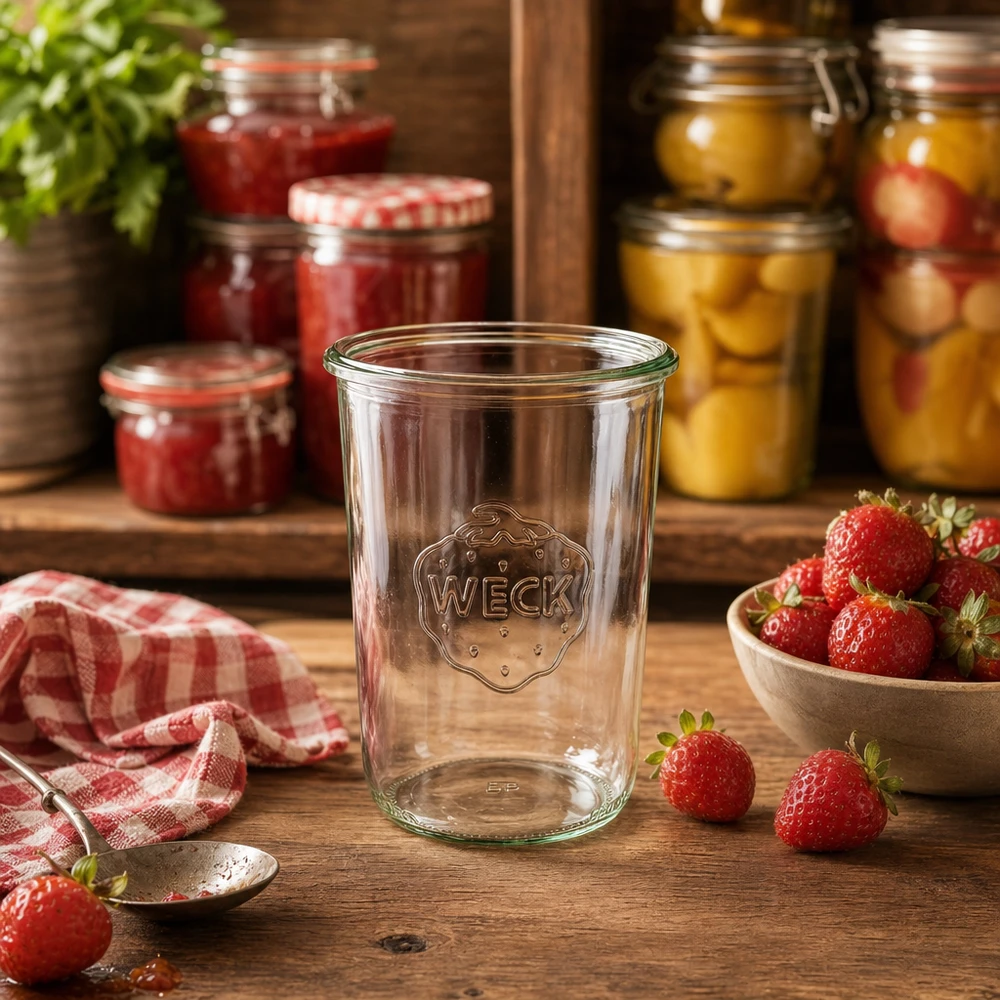 Vaso da 850 ml WECK RR100 trasparente con logo su tavolo di legno accanto a fragole fresche e vasetti di marmellata