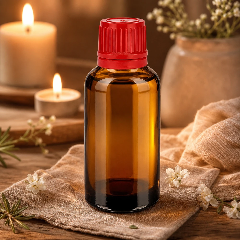 Bottiglia da 30ml 11mm SV rosso OV BrownLine UT18/30 Piccolo flacone in vetro marrone da 30 ml con tappo SV rosso, ideale per applicazioni a goccia e dosaggi.