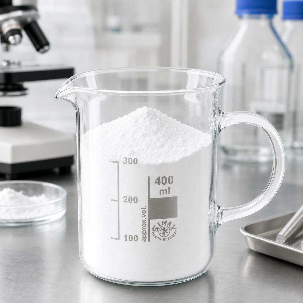 Bicchiere da laboratorio da 400 ml con manico, contenente polvere bianca, su un tavolo da lavoro da laboratorio; vetro borosilicato