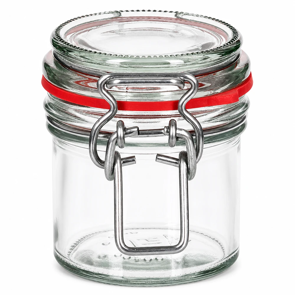 Barattolo da 135 ml tipo G con tappo girevole UN... Barattolo vuoto da 135 ml con tappo girevole e guarnizione in gomma rossa, in vetro trasparente su sfondo bianco.