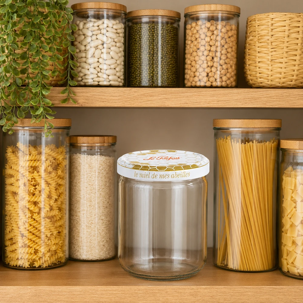 Vaso vuoto da 212 ml di miele Le Parfait tra i vasi pieni in una cucina organizzata a scaffale