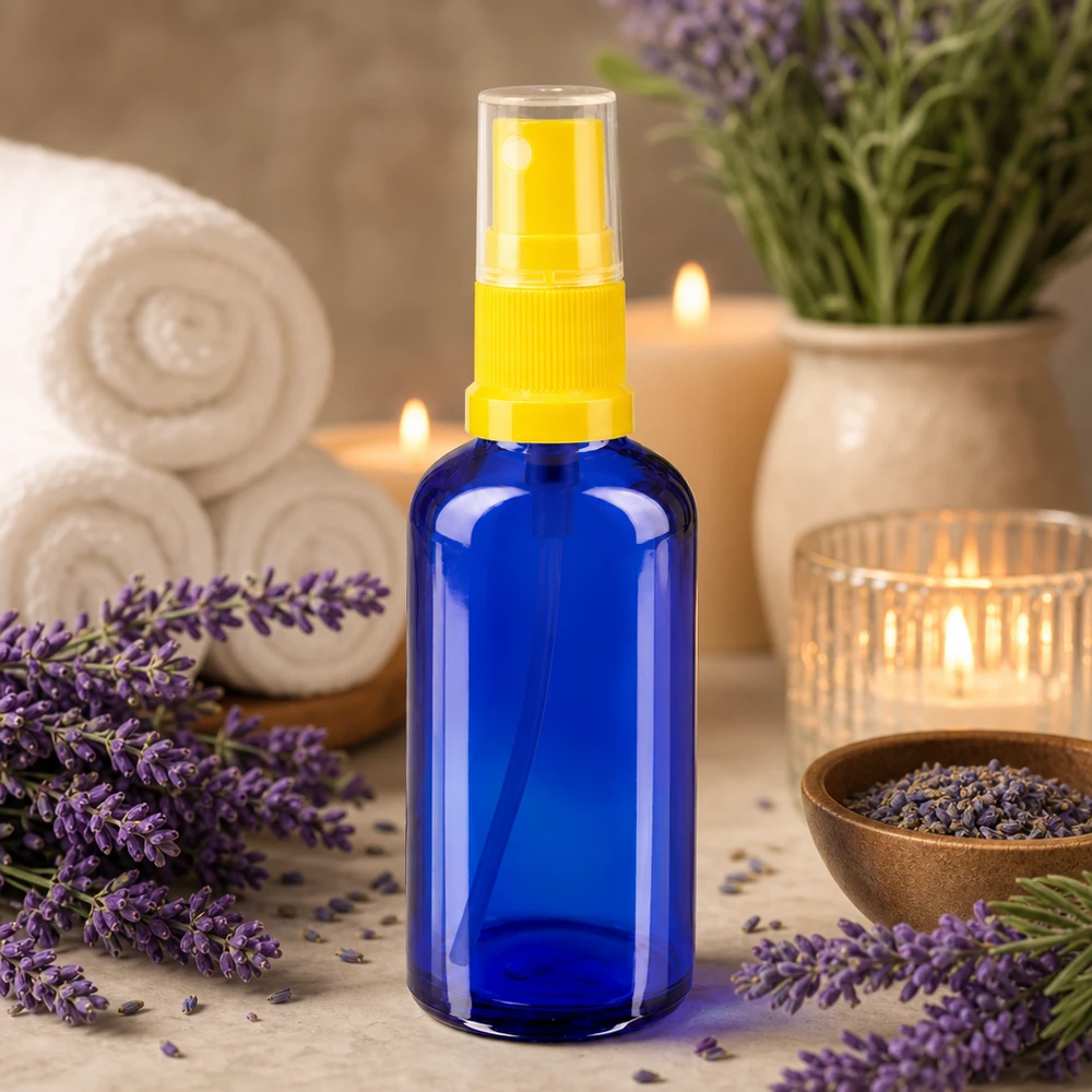 Flacone da 50ml blu STD giallo/trasparente apoGlas Flacone spray da farmacia blu da 50 ml con erogatore trasparente, tra fiori di lavanda e candele